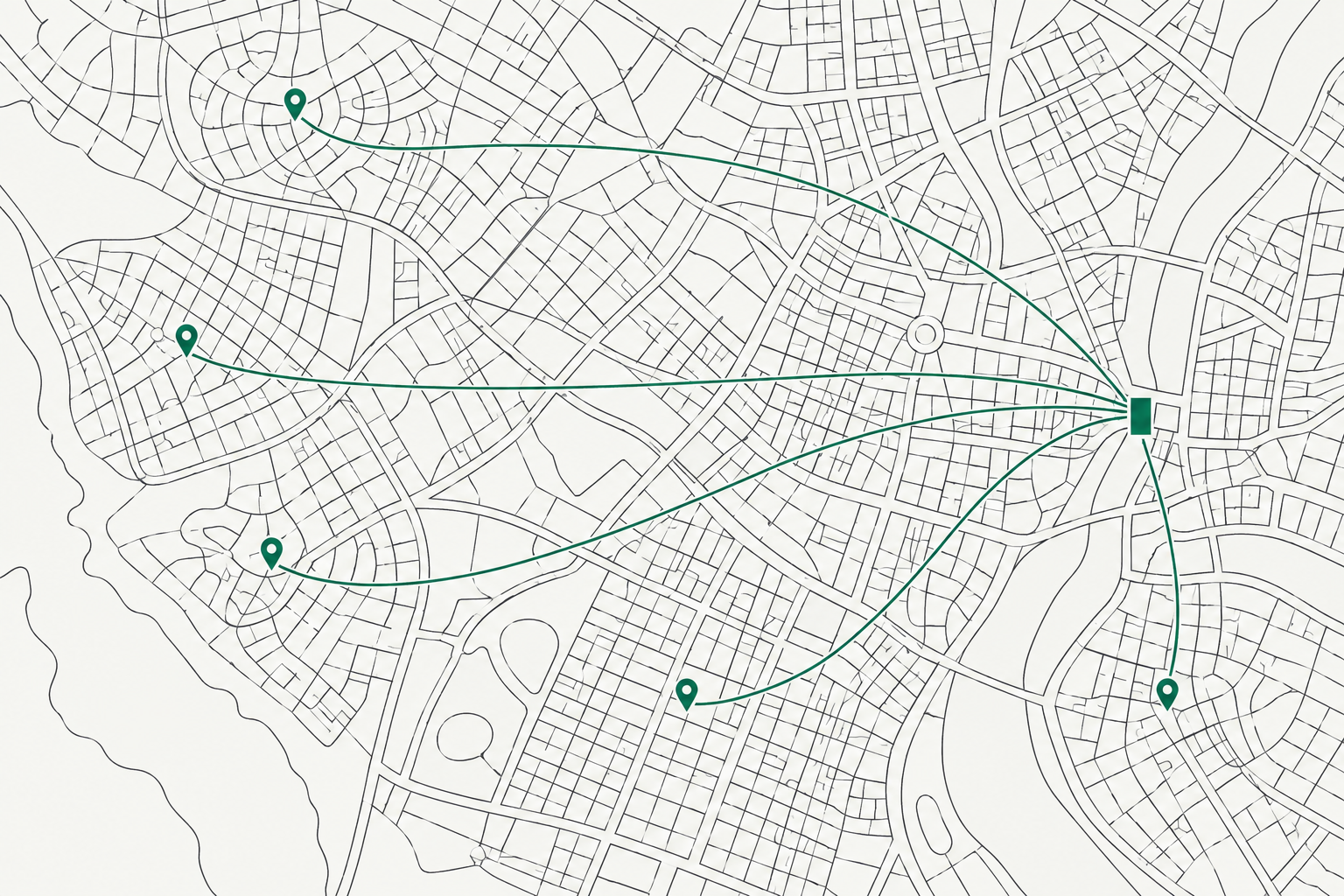 Street map with five pinned local business locations, each connected by a line to one central business