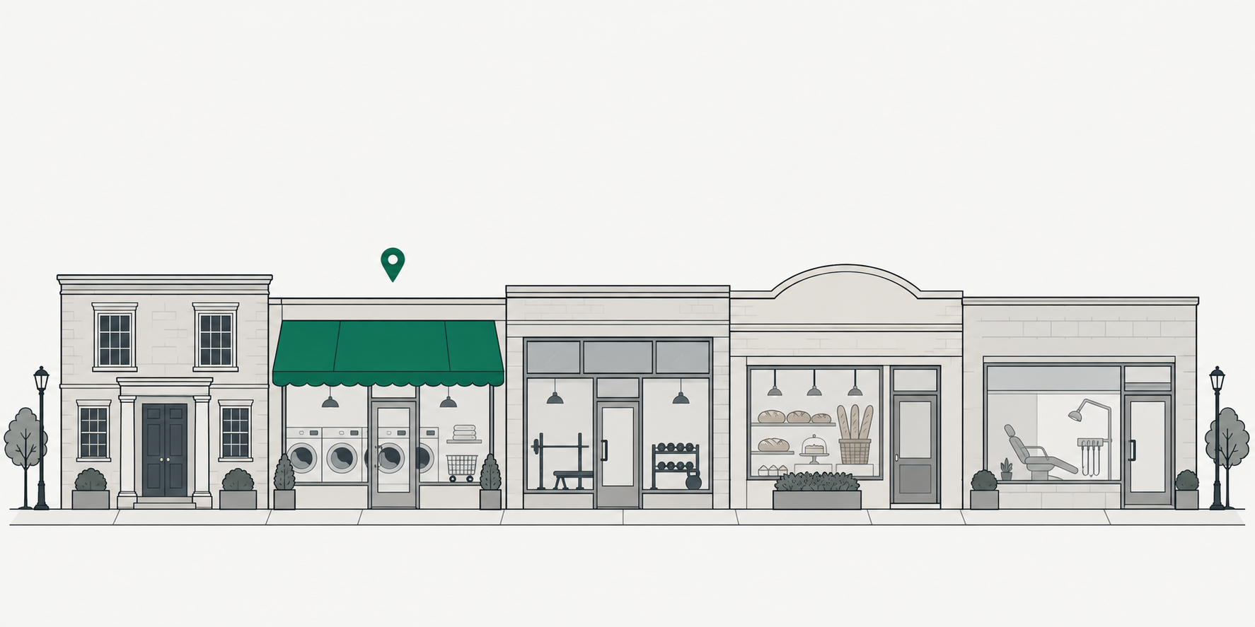 Illustrated main street of local businesses including a laundromat, gym, bakery and dental practice