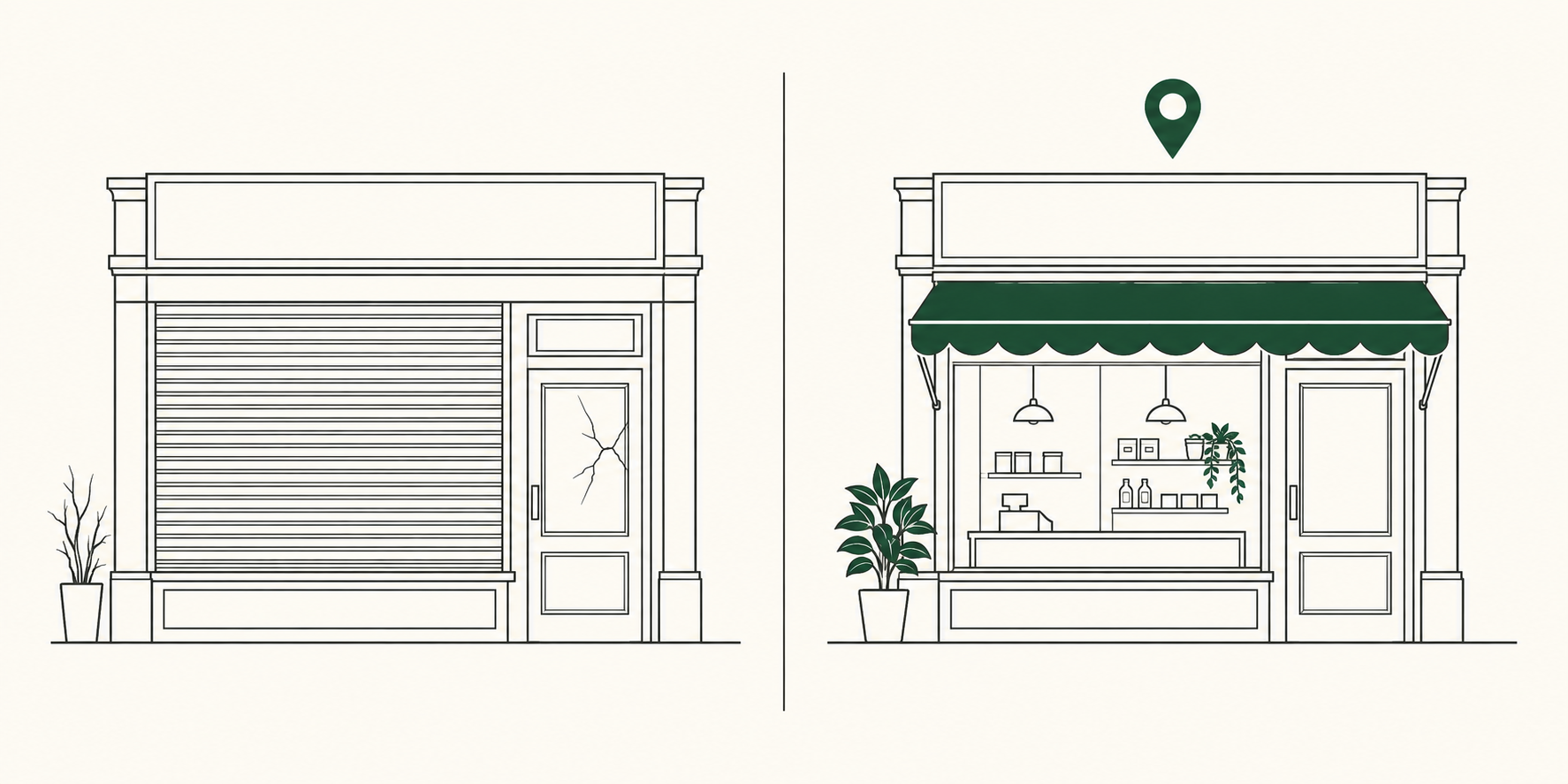 The same storefront shown twice: boarded up and derelict on the left, restored and open on the right